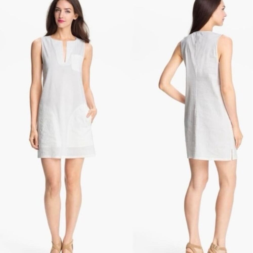 Theory Wandu Linen V Neck White Sleevless Shift Mini Dress Scandi Girl Size 8